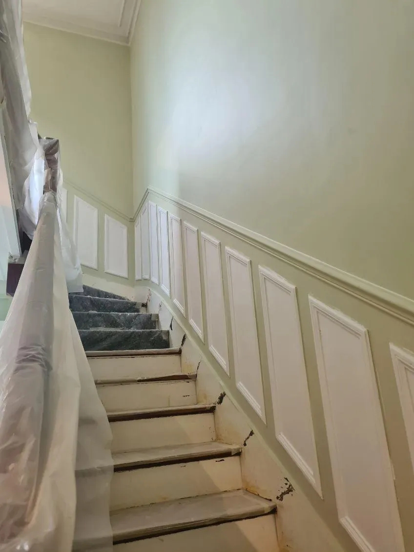 Escalier protégé pendant les travaux, murs vert doux et soubassements blancs